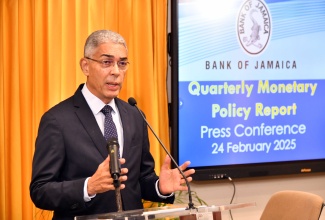 Bank of Jamaica (BOJ) Governor, Richard Byles, delivers his presentation during Monday’s (February 24) Quarterly Press Conference at the BOJ in downtown Kingston.

