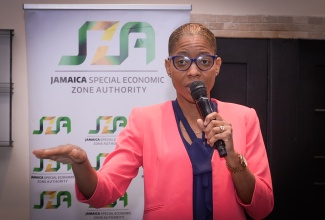Chief Executive Officer of the Jamaica Special Economic Zone Authority (JSEZA), Kelli-Dawn Hamilton, addresses potential investors at the launch of its Special Economic Zone (SEZ) Site Tours, which aim to connect potential investors with available spaces within designated SEZ areas. The launch ceremony was held on Wednesday (February 26) at The Jamaica Pegasus hotel in Kingston.

