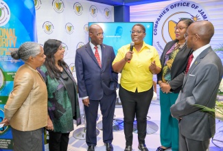 Minister of Industry, Investment and Commerce, Senator the Hon. Aubyn Hill (third left), along with (from left) Director of the Board, eGov Jamaica Limited, Shereen Jones; Chairman of eGov Jamaica, Professor Gunjan Mansingh; Chief Executive Officer, eGov Jamaica Limited, Anika Shuttleworth; and Permanent Secretary in the Office of the Prime Minister, Ambassador Rocky Meade, listens as Data Protection Officer, Companies Office of Jamaica, Yolande Rowe-Fender (third right) explains the services of the organisation. The occasion was the third staging of the eGov Jamaica Limited Digital Government Technology Showcase on Thursday (March 13) at The Jamaica Pegasus hotel in Kingston. It was held under the theme, ‘Digital Transformation Unlocked: Shaping Jamaica’s Tomorrow’.
