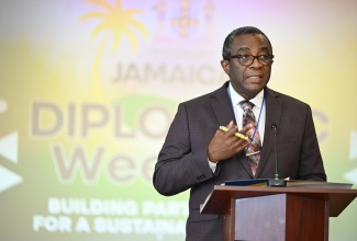 Commissioner General of Tax Administration Jamaica (TAJ), Ainsley Powell, gives an overview of the operations of the TAJ during a technical briefing at the Ministry of Foreign Affairs & Foreign Trade in downtown Kingston on Monday (March 10). The briefing is part of activities to mark Diplomatic Week, which runs from March 10 to 14.

