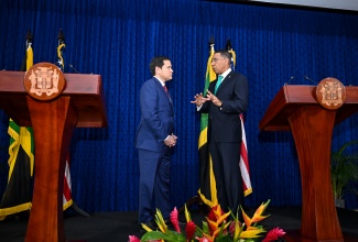 Prime Minister, Dr. the Most Hon. Andrew Holness (right), conversing with United States Secretary of State, Hon. Marco Rubio, during a press conference following bilateral talks during Mr. Rubio’s high-level visit to Jamaica. The talks were held at the Office of the Prime Minister on March 26.