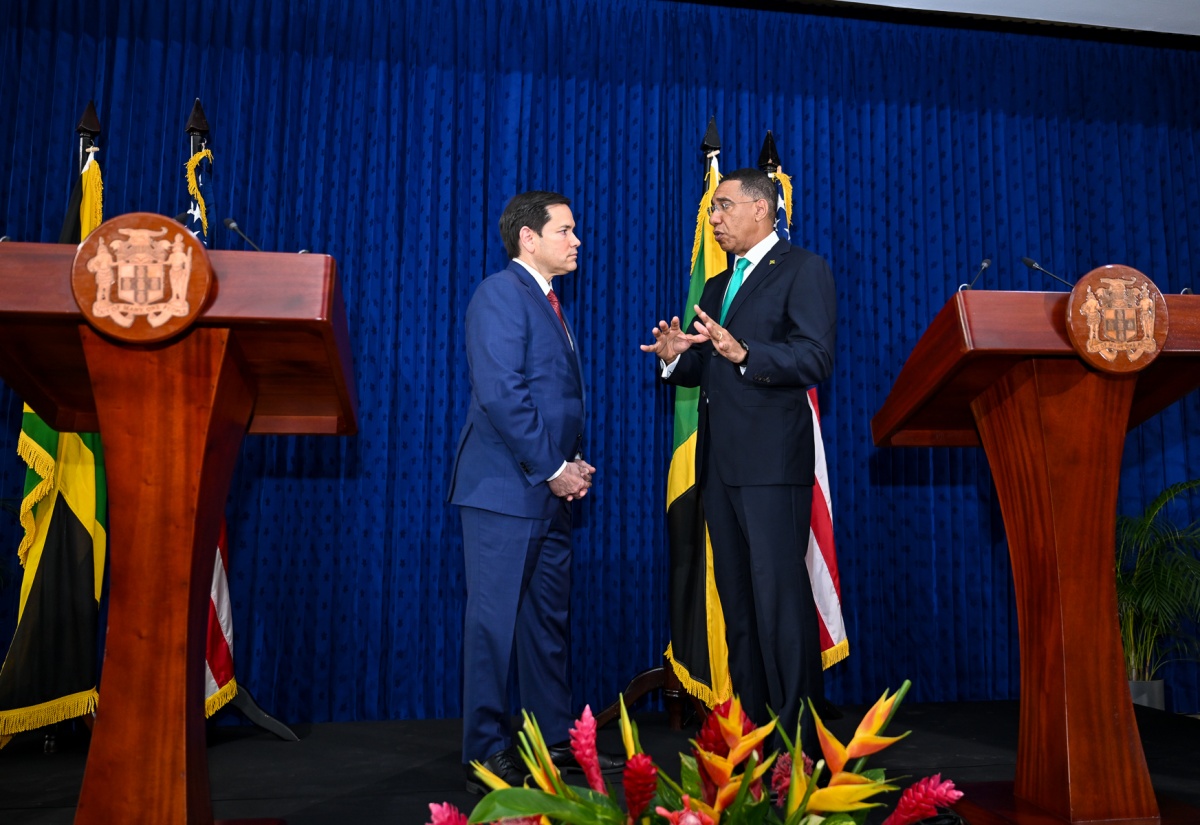 Prime Minister, Dr. the Most Hon. Andrew Holness (right), is in conversation with United States (US) Secretary of State, Marco Rubio, following a press conference at the Office of the Prime Minister on Wednesday (March 26).

