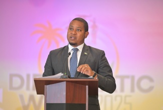 Minister of Agriculture, Fisheries and Mining, Hon. Floyd Green, provides an update to members of the Diplomatic Corps during a Ministerial Briefing on day three of the Ministry of Foreign Affairs and Foreign Trade’s Diplomatic Week on Wednesday (March 12). The briefing was held at the Foreign Affairs Ministry in downtown Kingston.