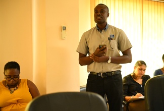 St. Elizabeth’s Team Leader of Operations & Maintenance at the National Water Commission, Kevin Staple, addresses Tuesday’s (March 4) meeting of the Disaster Preparedness, Hazard Mitigation & Safety Committee, held at the St. Elizabeth Municipal Corporation in Black River.


