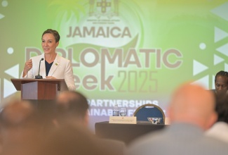 Minister of Foreign Affairs and Foreign Trade, Senator the Hon. Kamina Johnson Smith, interacts with members of the Diplomatic Corps during Ministerial Briefings on day three of Diplomatic Week 2025 on Wednesday (March 12). The briefings were held at the Ministry in downtown Kingston.

