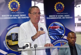 Minister of Science, Energy, Telecommunications and Transport, Hon. Daryl Vaz, addressing a press conference on Tuesday (March 4) at the Half-Way Tree Transport Centre in Kingston.

