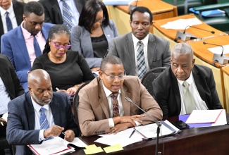Minister of Agriculture, Fisheries and Mining, Hon. Floyd Green (centre) addresses the Standing Finance Committee of the House of Representatives on Friday (March 7). He is flanked by Permanent Secretary, Dermon Spence (left) and State Minister, Hon. Franklin Witter.