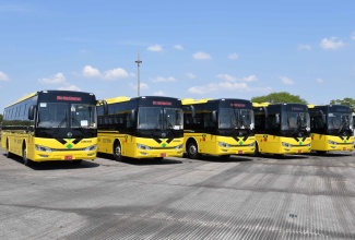 Five buses that were incorporated in the Jamaica Urban Transit Company (JUTC) fleet that operates from the Portmore Depot in St. Catherine (April 2024). 