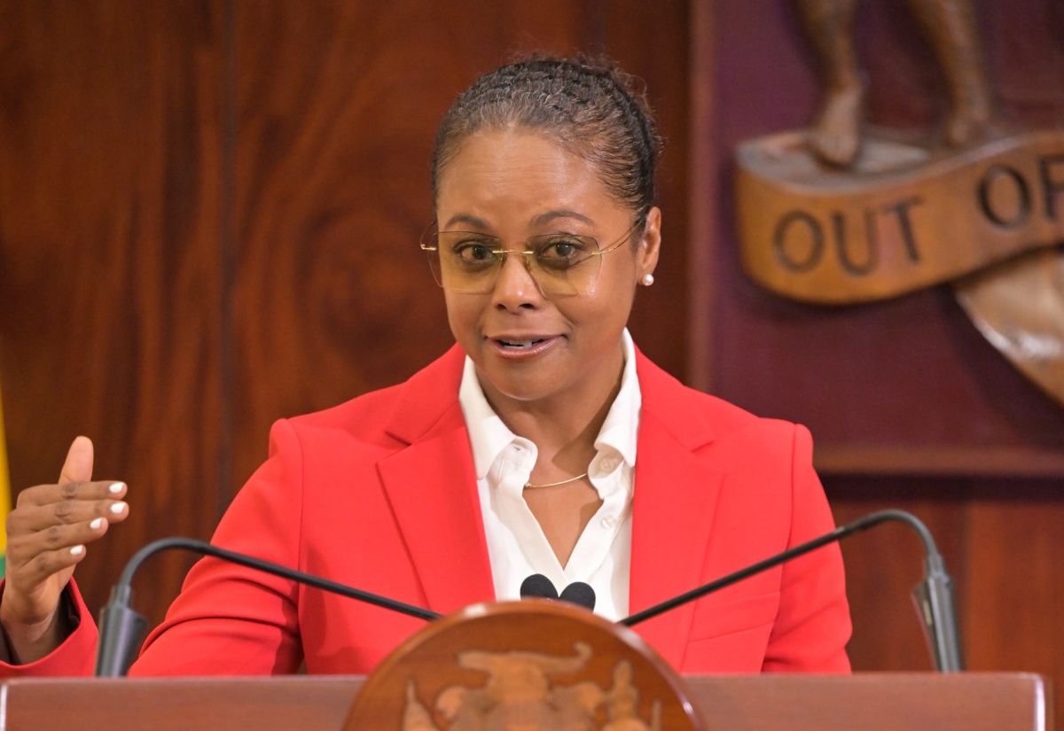 Minister of Legal and Constitutional Affairs, Hon. Marlene Malahoo Forte, addresses Tuesday’s (March 4) International Women’s Day Edition of Post Cabinet Press Briefing, held at Jamaica House.


