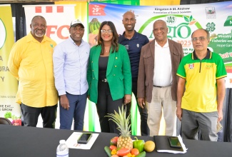 Minister of State in the Ministry of Agriculture, Fisheries and Mining, Hon. Franklin Witter (second right) pauses for a photo with (from left) President of the Kingston and St. Andrew Association of Branch Societies (ABS) of the Jamaica Agricultural Society (JAS), Lawrence Madden; Chief Executive Officer (CEO) of JAS, Derron Grant; Fidelity Motors Limited General Manager, Deborah Stewart; Restaurants of Jamaica Marketing Manager, Andrei Roper; and 2nd Vice President of the Kingston and St. Andrew ABS/JAS, Trevor Bernard. Occasion was the launch of ‘Agrofest 2025’ on Friday (April 25), at the Ministry’s Hope Gardens complex in Kingston. Agrofest will be held on Saturday, May 31 under the theme: ‘Grow What You Eat… Eat What You Grow’.