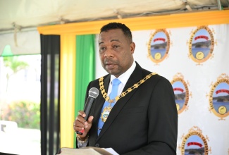 Mayor of Port Maria, Councillor Fitzroy Wilson, addresses the National Chief Takyi Day celebration at the Claude Stuart Park in Port Maria, on April 8.

