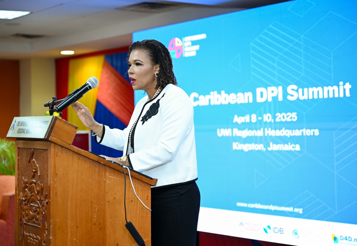 Minister without Portfolio in the Office of the Prime Minister with Responsibility for Efficiency, Innovation and Digital Transformation, Senator the Hon. Ambassador Audrey Marks, delivers remarks during the closing ceremony for the Caribbean Digital Public Infrastructure (DPI) Summit 2025 at the University of the West Indies Regional Headquarters in St. Andrew on Thursday (April 10).
