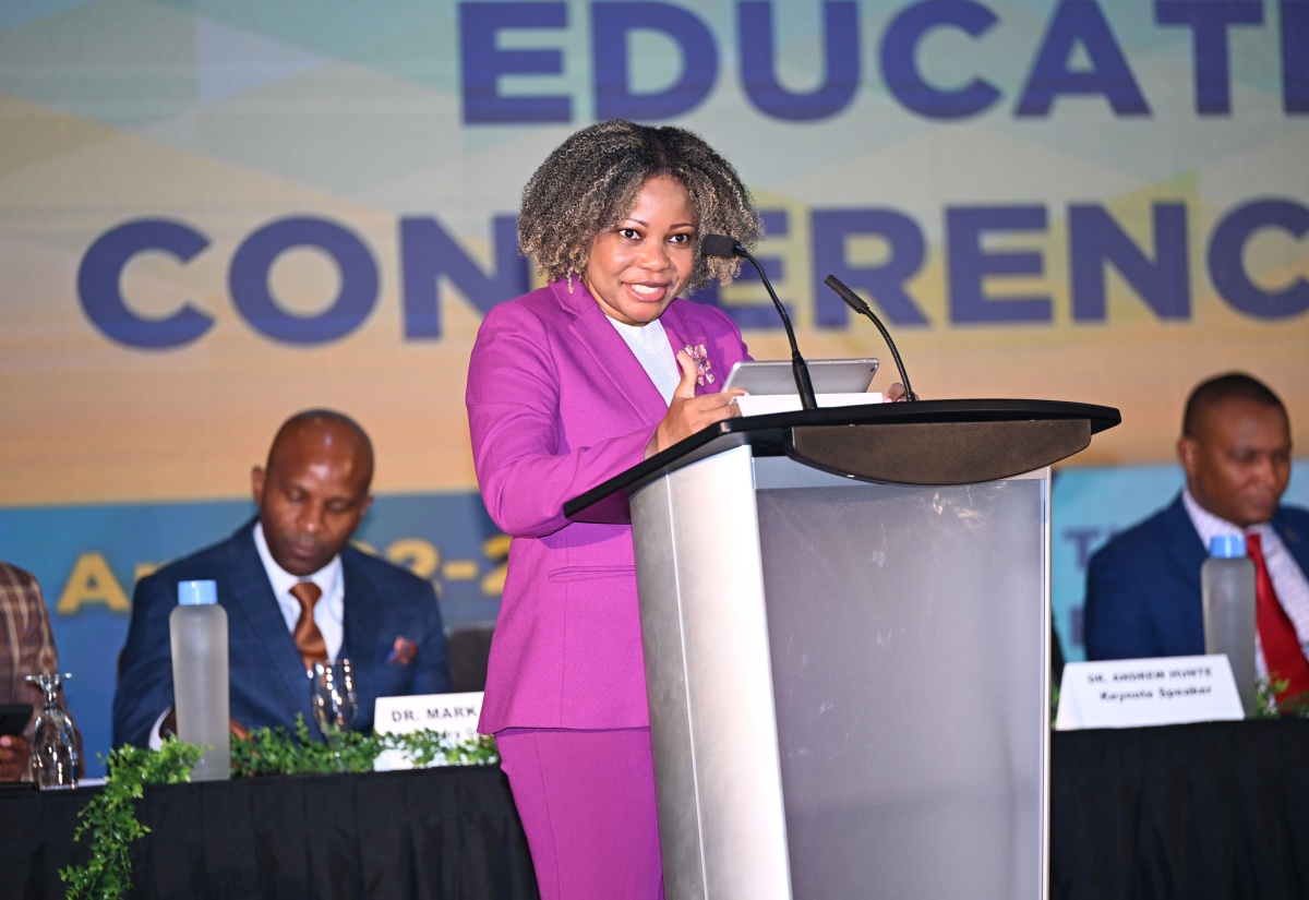 Minister of Education, Skills, Youth and Information, Senator Dr. the Hon. Dana Morris Dixon, addresses day one (April 22) of the three-day Jamaica Teachers’ Association (JTA) Education Conference 2025, being held at Ocean Coral Spring in Trelawny.