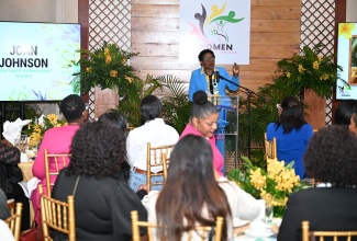 Founder & Chair of Women of Western Jamaica (WOWJa), Janet Silvera, addresses the official launch of the group at the Montego Bay Convention Centre in Rose Hall, St. James on Thursday (April 24).