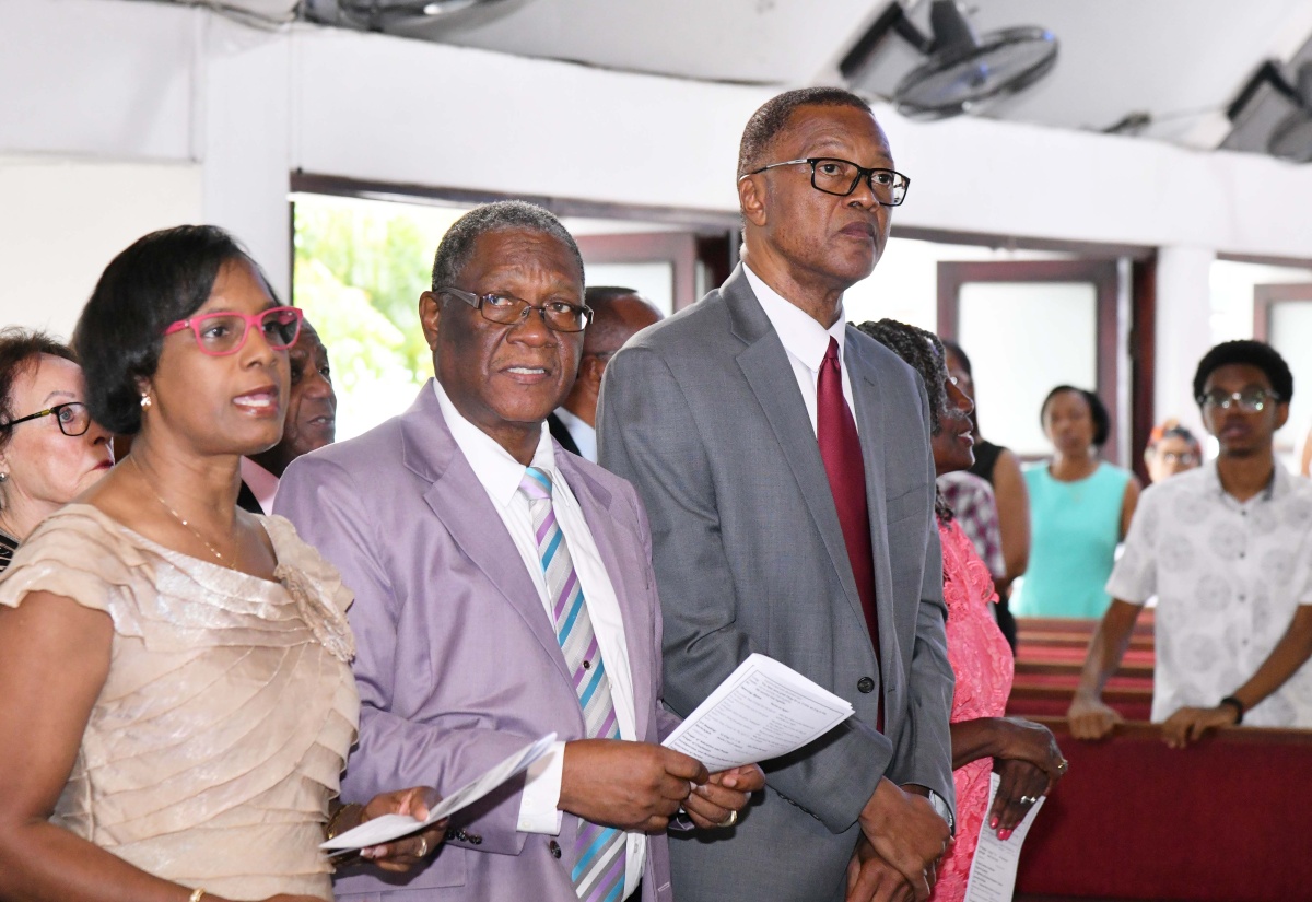 Acting Permanent Secretary in the Ministry of Labour and Social Security, Dione Jennings (left), along with Chairman of the Industrial Disputes Tribunal (IDT), Errol Miller (centre) and Deputy Chairman, IDT, Danny Roberts, participate in the IDT’s 50th Anniversary Church Service held at the Webster Memorial United Church in Kingston on April 6.