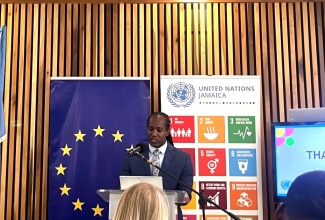 State Minister in the Ministry of Foreign Affairs & Foreign Trade, Hon. Alando Terrelonge, delivers the keynote presentation at the launch of the United Nations-European Union (UN-EU) Youth Advisory Group (YAG) at the EU Delegation’s office in Kingston on Tuesday (April 8).

