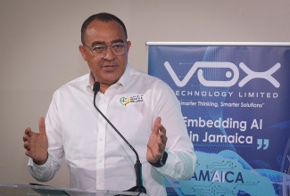 Minister of Health and Wellness, Dr. the Hon. Christopher Tufton, delivers remarks during the launch of local artificial intelligence (AI) company, Vox Technology Limited, at The Jamaica Pegasus hotel in New Kingston on Friday (April 25).