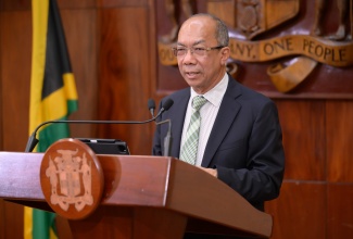 Deputy Prime Minister of National Security, Hon. Dr. Horace Chang, addresses Wednesday’s (May 7) post-Cabinet press briefing at Jamaica House. 
