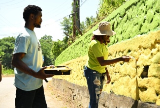 Acting Director of Planning and Sustainable Development, St. Elizabeth Municipal Corporation, Ornella Lewis (right), is assisted by volunteer Ryan Rattray, as they paint a wall at a section of the Maggotty community as part of activities for the St. Elizabeth Labour Day Parish Project on Friday (May 23).

