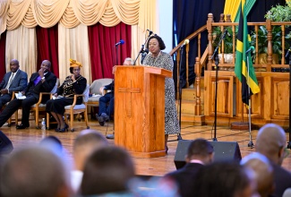 Minister of Culture, Gender, Entertainment and Sport, Hon. Olivia Grange, addresses Sunday’s (May 18) National Workers' Week and Labour Day Thanksgiving Church Service, held at Portmore Holiness Christian Church in St. Catherine.