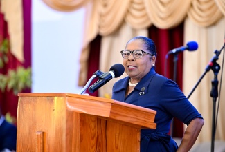 Custos of St. Catherine, Hon. Icylin Golding delivers remarks on behalf of the Governor-General, His Excellency the Most Hon. Sir Patrick Allen, during the National Workers' Week and Labour Day Thanksgiving Church Service, held on Sunday (May 18) at Portmore Holiness Christian Church in St. Catherine.