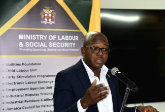 Minister of Labour and Social Security, Hon. Pearnel Charles Jr., speaks at a post-sectoral press briefing at the Ministry’s offices in Kingston, on Wednesday (May 14).

