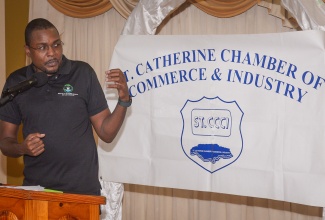 Minister without Portfolio in the Ministry of Economic Growth and Job Creation with Responsibility for Works, Hon. Robert Morgan, addresses the St. Catherine Chamber of Commerce and Industry’s monthly meeting at Cecil’s Restaurant in Spanish Town on Wednesday (April 30).