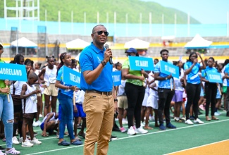President, Jamaica Teachers’ Association (JTA), Dr. Mark Smith, delivers remarks at the official opening of the 40th staging of the JTA/Sagicor Foundation National Primary School Athletics Championship on Saturday (June 21) at the National Stadium in Kingston.

