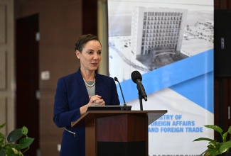 Minister of Foreign Affairs and Foreign Trade, Senator the Hon. Kamina Johnson Smith, briefs members of the diplomatic corps about the upcoming 49th Regular Meeting of the Conference of Heads of Government of CARICOM, which will be held in Montego Bay, St. James, from July 6 to 8. The briefing was held at the Ministry’s offices in downtown Kingston on Tuesday (June 3).

