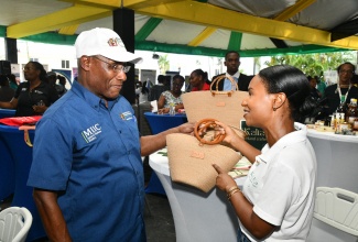 Minister of Industry, Investment and Commerce, Senator the Hon. Aubyn Hill (left), is shown one of the bags made by Kalia and Co.  by the company's Chief Executive Officer, Taneish Miller. Occasion was the Ministry’s micro, small and medium-sized enterprise (MSME) roadshow at The Manning's School in Savanna-la-Mar, Westmoreland, on June 18. 

