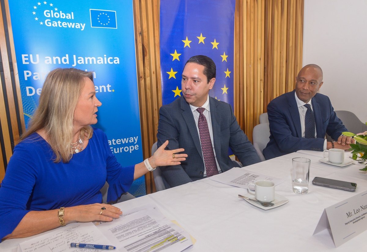 European Union (EU) Ambassador to Jamaica, Her Excellency Dr. Erja Askola (left), in conversation with Development Bank of Jamaica (DBJ) Managing Director, Dr. David Lowe (right) and Deputy Executive Director of the Caribbean Export Development Agency, Leo Naut. The interaction took place during a press briefing at the EU Delegation’s office in Kingston, on Friday (June 6).

 