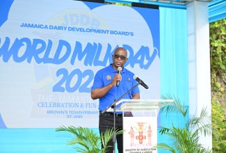 Chief Technical Director in the Ministry of Agriculture, Fisheries and Mining, Orville Palmer, addresses the World Milk Day ceremony at Brown’s Town Primary School in St. Ann, on Friday, June 6.