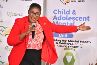 Regional Director at the Ministry of Education, Skills, Youth and Information - Region Three , Karlene Segree addresses the audience during the recent Child Conversation Wellness Bench Lyme event, which was held at Holiday Haven Resort in Runaway Bay, St. Ann. 