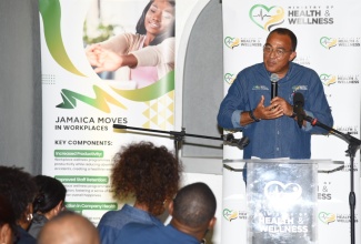 Health and Wellness Minister, Dr. the Hon. Christopher Tufton, addresses the launch of the Ministry’s “Corporate Wellness Challenge – 2.0 ‘8×8’ Edition”, on June 19 at Devon House in Kingston.

