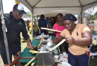 Owner of Rural Treasure Treat, Lois Green (right), demonstrates how she makes fresh cane juice for her business to Chief Executive Officer (CEO) of the Jamaica Agricultural Society (JAS), Derron Grant (left), at ‘Agrofest 2025’, held on Saturday (May 31) at the Ministry of Agriculture, Fisheries and Mining’s playfield at Hope Gardens in St. Andrew. Ms. Green is assisted by group member of the Content Gap, St. Andrew Association of the Branch Societies (ABS) of the JAS, Claudine Walker.  The event was held under the theme ‘Grow what we eat… Eat what we grow’.