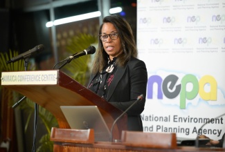 Chief Technical Director in the Ministry of Economic Growth and Job Creation, Gillian Guthrie, delivers a speech on behalf of portfolio Minister, Hon. Matthew Samuda, at a symposium on the environment held on Thursday (June 5), at the Jamaica Conference Centre in downtown Kingston. 