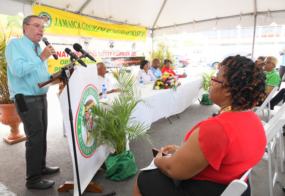 Minister of Science, Energy, Telecommunications and Transport, Hon. Daryl Vaz, addresses the launch of Road Safety Month 2025, at Chambers’ Texaco Service Station, in Kingston, on June 4.