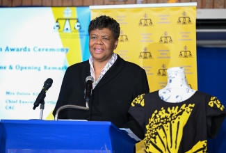 Consumer Affairs Commission (CAC) Chief Executive Officer, Dolsie Allen, addresses the CAC Upcycle Competition awards ceremony at the Bureau of Standards Jamaica (BSJ) in Kingston on July 18.