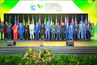 Prime Minister and CARICOM Chair, Dr. the Most Hon. Andrew Holness (9th left), is flanked by other regional leaders during Sunday’s (June 6) opening ceremony of the 49th Regular Meeting of the Conference of Heads of Government of CARICOM at the Montego Bay Convention Centre in St. James.