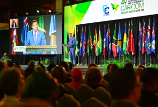 Prime Minister, Dr. the Most Hon. Andrew Holness, addresses the opening ceremony of the 49th Regular Meeting of the Conference of Heads of Government of CARICOM at the Montego Bay Convention Centre in St. James on Sunday (July 6).

