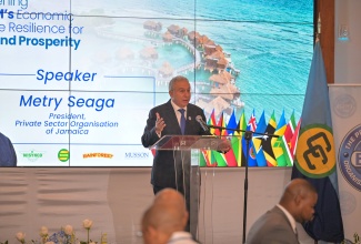 President of the Private Sector Organisation of Jamaica (PSOJ) Metry Seaga, addresses CARICOM Heads of State and regional business leaders at a Business Breakfast Forum hosted by the CARICOM Private Sector Organization (CPSO) and the PSOJ at the Sandals Montego Bay Hotel in St. James on Tuesday (July 8).

