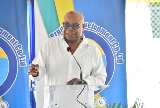 Tourism Minister, Hon. Edmund Bartlett, addresses the handover ceremony for the newly renovated Lord's Multipurpose Court in Lucea, Hanover, on Thursday (July 3). 

