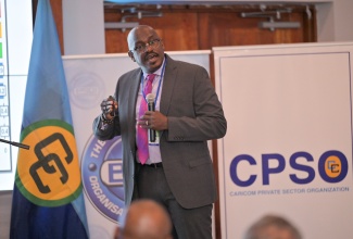 Chief Executive Officer and Technical Director of the CARICOM Private Sector Organization (CPSO), Dr. Patrick Antoine, makes a presentation to CARICOM Heads of Government and regional business leaders during a Business Breakfast Forum hosted by the CPSO and the Private Sector Organisation of Jamaica (PSOJ), at the Sandals Montego Bay Hotel in St. James on Tuesday (July 8).

