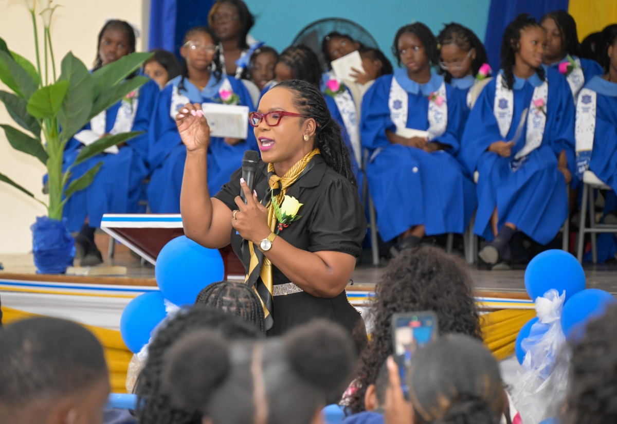 Permanent Secretary in the Ministry of Education, Skills, Youth and Information, Dr. Kasan Troupe, delivers the keynote address during Ardenne Preparatory and Extension High School’s Annual School-Leaving Ceremony, held at Ardenne High School in Kingston, on Wednesday (July 2).

