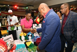Tourism Minister, Hon. Edmund Bartlett (centre), greets owner of ‘Daroza’, Rosalee Davis, during the 11th staging of the ‘Christmas in July’ trade show at The Jamaica Pegasus hotel in New Kingston on Thursday (July 10). At right is Chief Technical Director in the Tourism Ministry, David Dobson.

