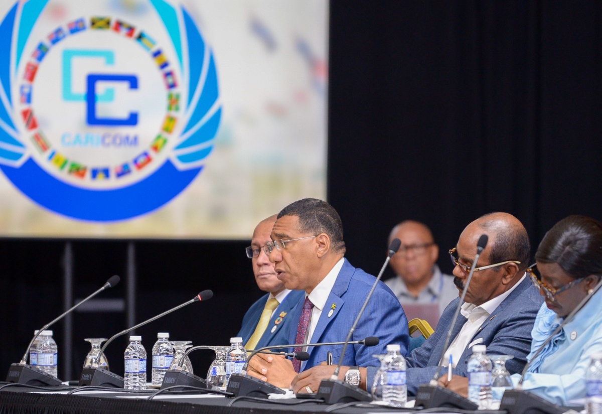 Caribbean Community (CARICOM) Chairman, Prime Minister, Dr. the Most Hon. Andrew Holness (second left), leads discussions during the Regional Judicial Dialogue at the Montego Bay Convention Centre in St. James on Sunday (July 6), ahead of the opening ceremony for the 49th Regular Meeting of the CARICOM Heads of Government. The Heads of Government addressed critical issues including transnational crime, the rule of law, and judicial cooperation. The talks formed part of efforts to strengthen regional justice systems and reinforce the Caribbean’s collective response to security and governance challenges.

