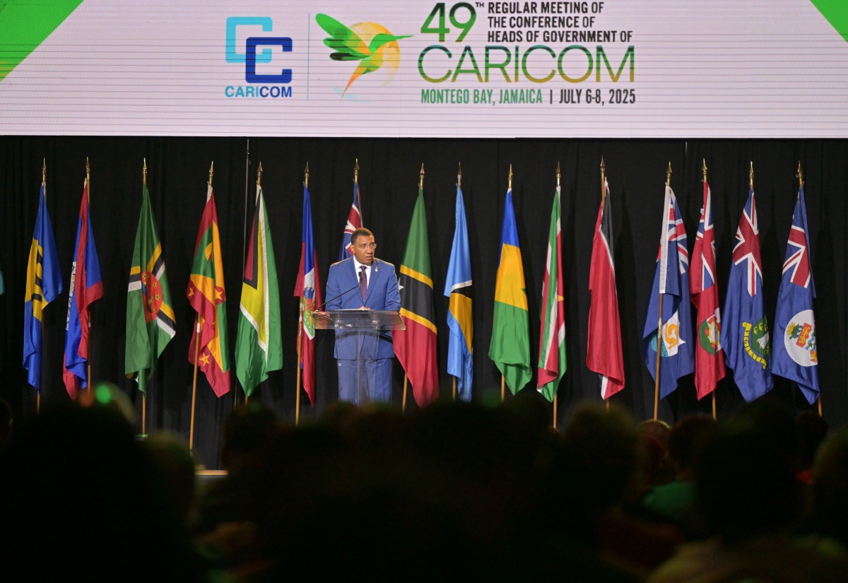 Prime Minister and CARICOM Chair, Dr. the Most Hon. Andrew Holness, addresses the opening ceremony of the 49th Regular Meeting of the Conference of Heads of Government of CARICOM at the Montego Bay Convention Centre in St. James on Sunday (July 6).

