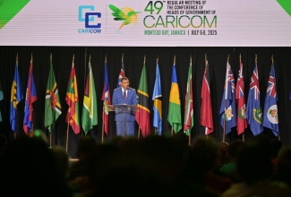 Prime Minister and CARICOM Chair, Dr. the Most Hon. Andrew Holness, addresses the opening ceremony of the 49th Regular Meeting of the Conference of Heads of Government of CARICOM at the Montego Bay Convention Centre in St. James on Sunday (July 6).

