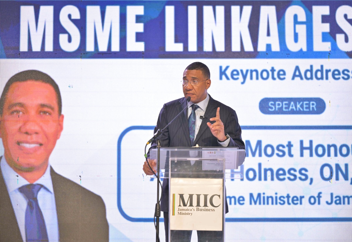 Prime Minister, Dr. the Most Hon. Andrew Holness, emphasises a point while addressing the micro, small and medium-sized enterprise (MSME) linkages day event at the University of Technology campus in Papine, St. Andrew, on July 15.

