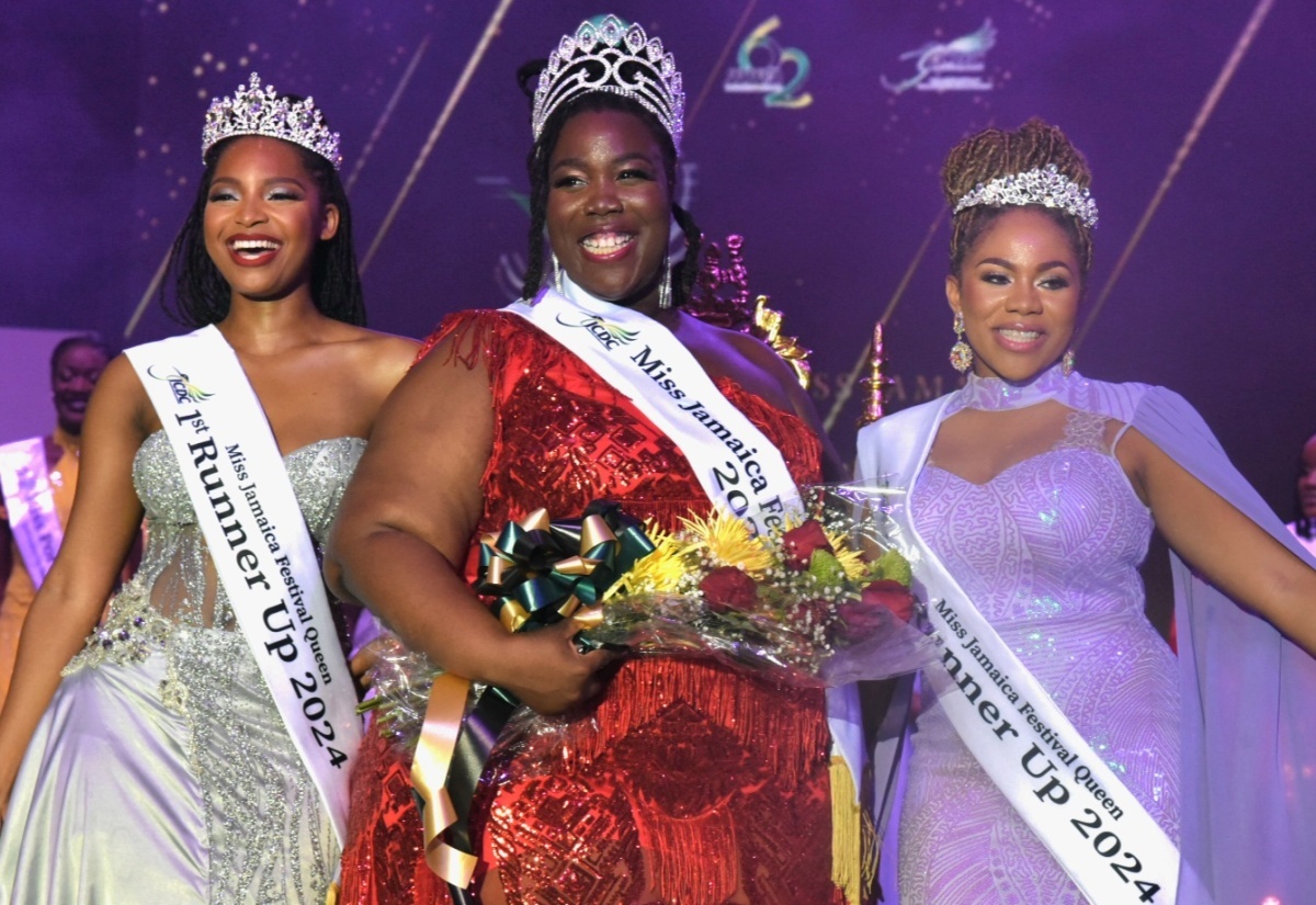 Miss Jamaica Festival Queen 2024, Omolora Wilson (centre), with first runner-up, Miss Manchester, Shannoya Houston (left), and second runner-up, Miss Kingston and St. Andrew, Daindra Harrison (right), during the 2024 national coronation.